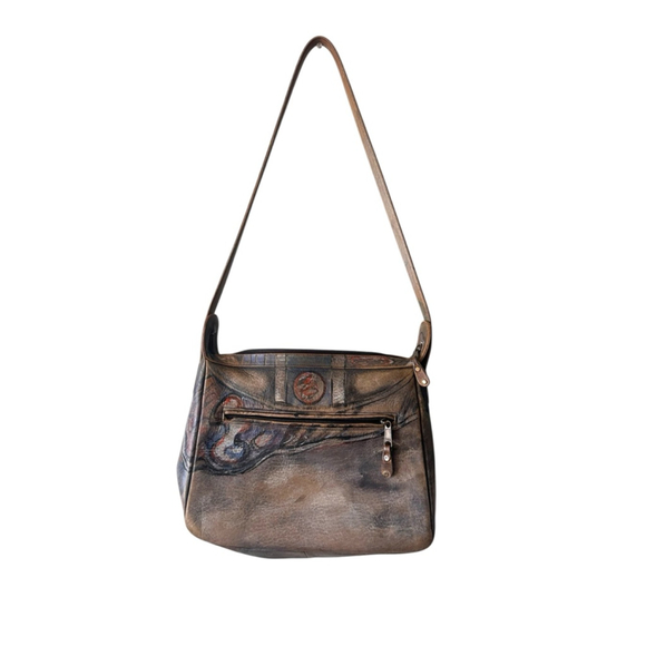 Lena Liu Hand-Painted Leather Shoulder Bag Brown Boho Artwear Purse - Picture 3 of 7